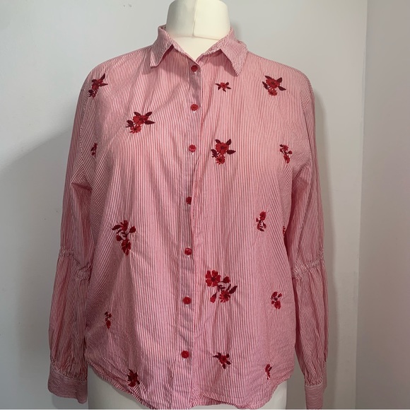 Primark Western Stripe Shirt Red & White Long Sleeve Button-Down Embroidery UK14 - Picture 4 of 13